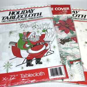 Christmas Poinsettia Holly Santa Plastic Table Cover Tablecloth LOT of 3 Vintage